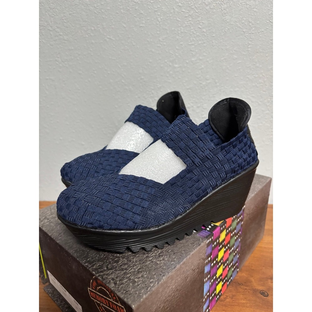 Bernie Mev Lulia Navy Woven Elastic Wedge Mary Jane Shoes Size 35 US 4-5